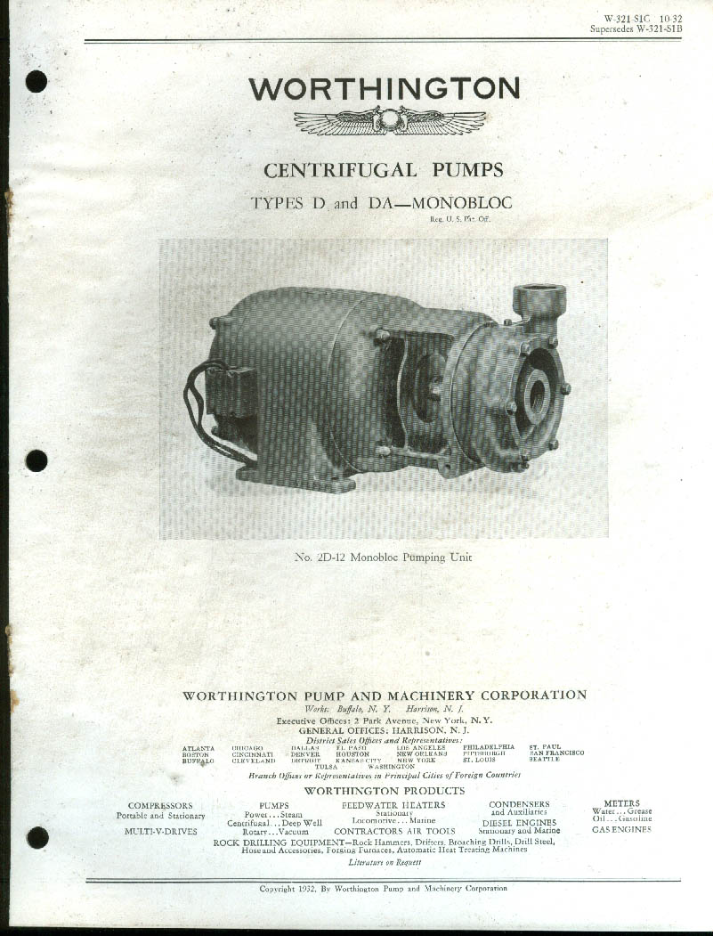 Worthington Centrifugal Pumps Types D DA Monobloc Bulletin Catalog 1932