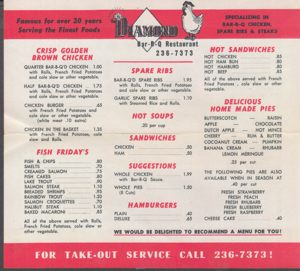 Diamond Bar-B-Q Restaurant Take-Out Menu Ottawa Canada Ca 1960s