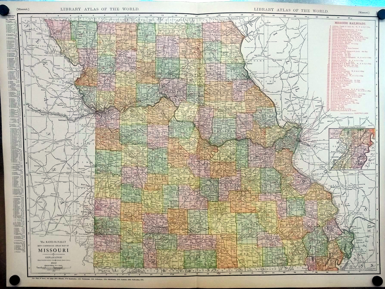 State of Missouri 1912 Rand McNally color Map w/ Railroads