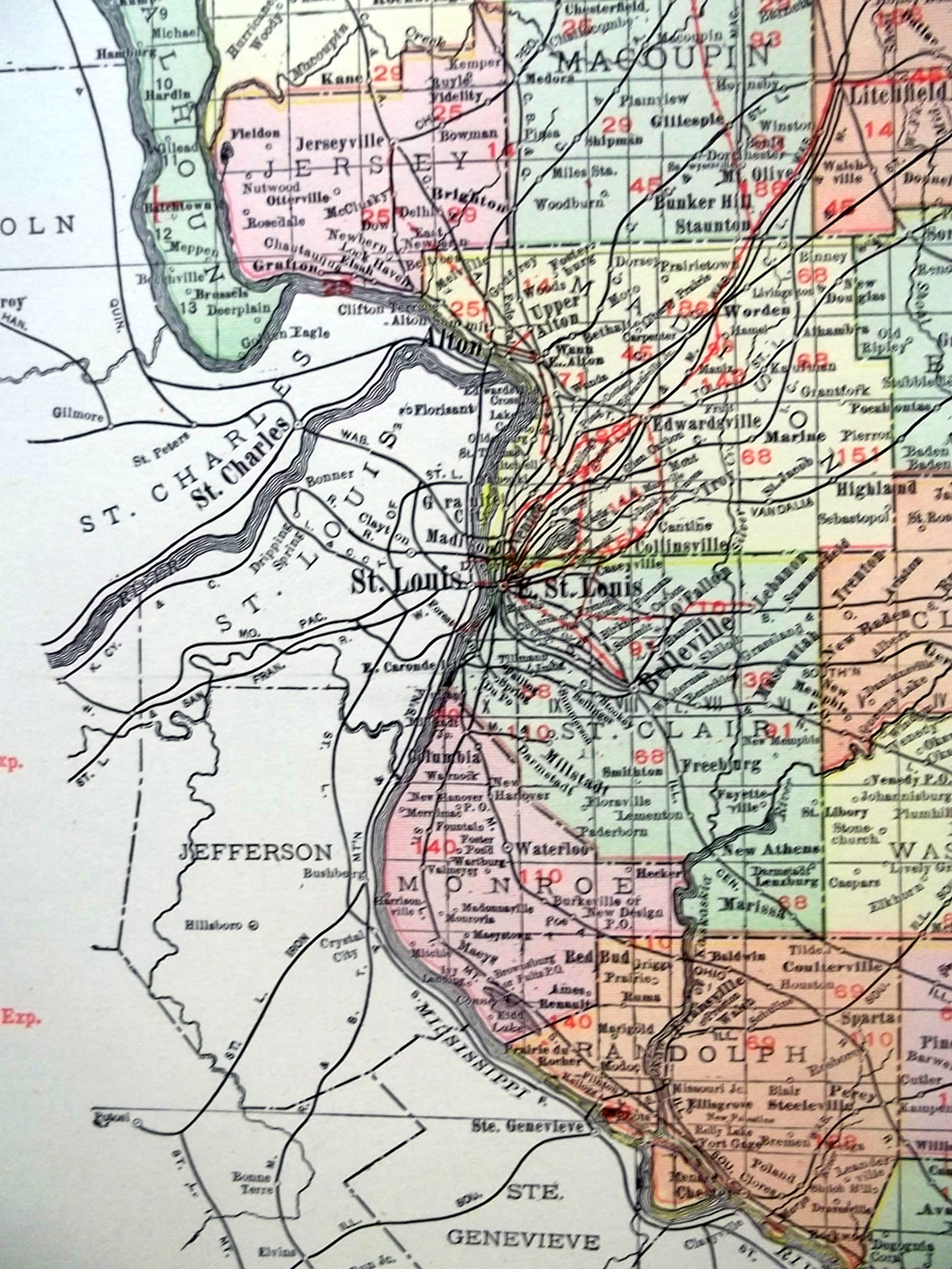 State of Missouri 1912 Rand McNally color Map w/ Railroads