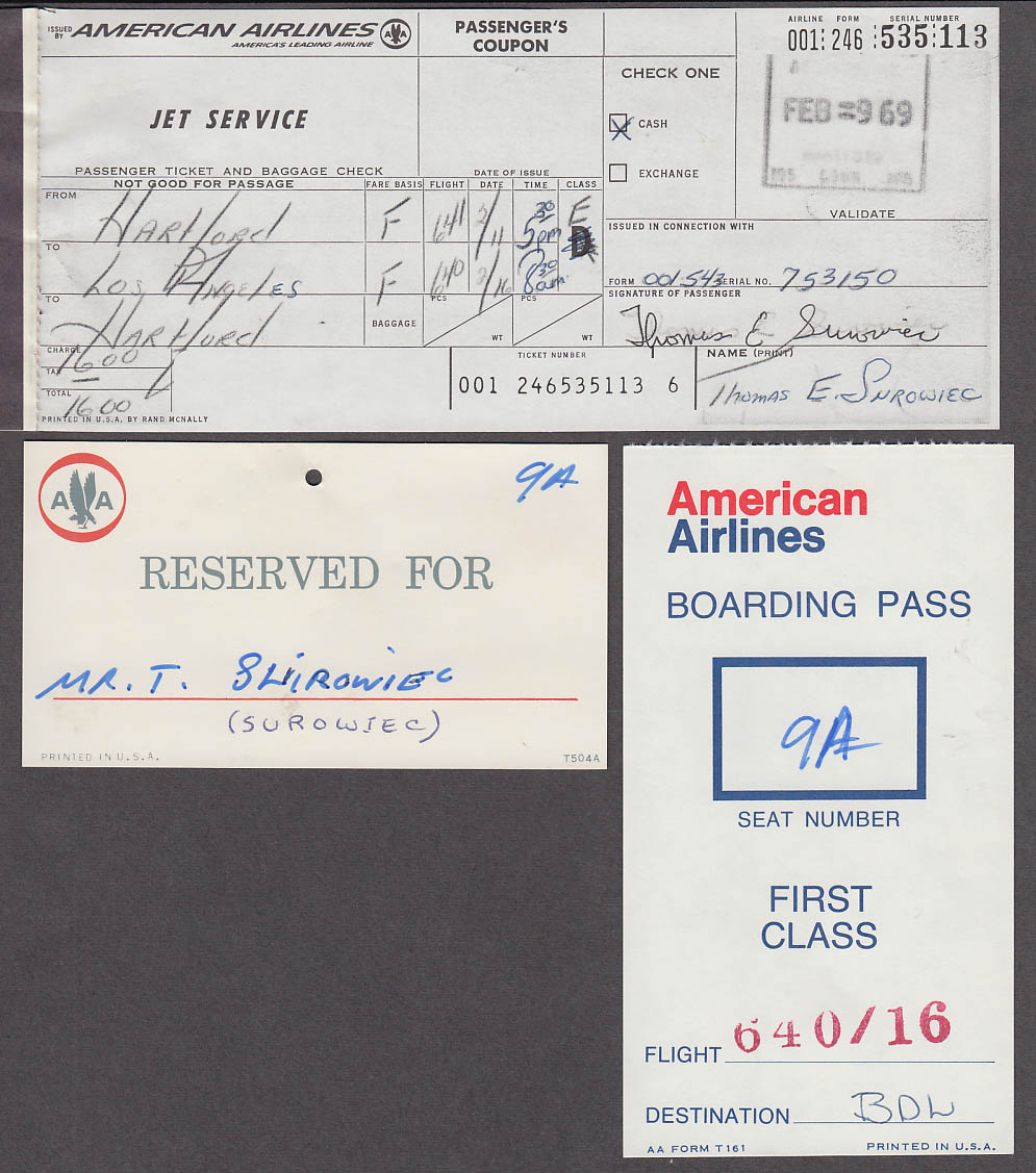 American Airlines Airline Wrapper & Ticket 1969 Bdl-lax + Boarding Pass 