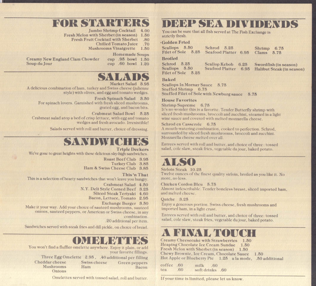 The Fish Exchange restaurant menu Massachusetts ca 1980s